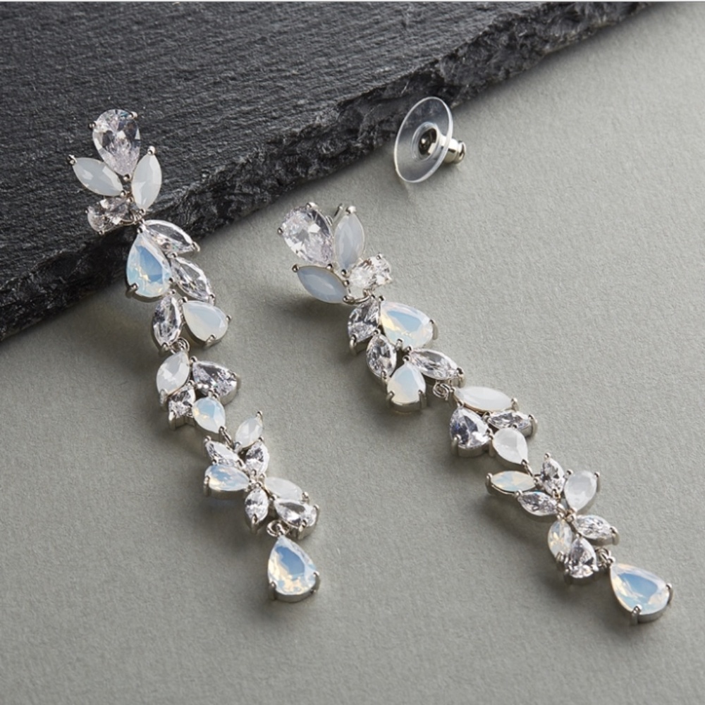 CZ and Opal Long Statement Dangle Earrings